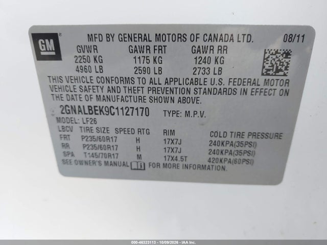 46323113 :رقم المزاد ، 2GNALBEK9C1127170 vin ، 2012 Chevrolet Equinox Ls مزاد بيع