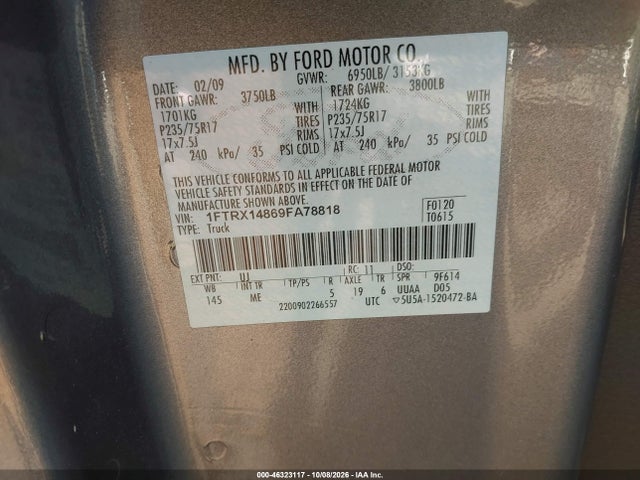 46323117 :رقم المزاد ، 1FTRX14869FA78818 vin ، 2009 Ford F-150 Stx/xl/xlt مزاد بيع