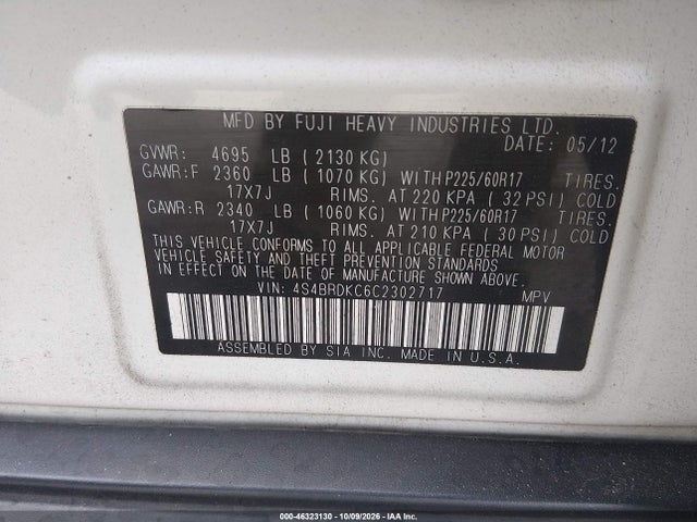 Продаж на аукціоні авто 2012 Subaru Outback 3.6r Limited, vin: 4S4BRDKC6C2302717, номер лоту: 46323130