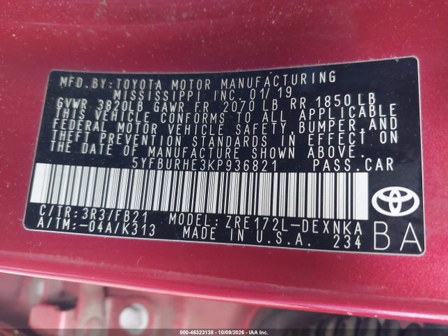 5YFBURHE3KP936821 Toyota COROLLA LE
