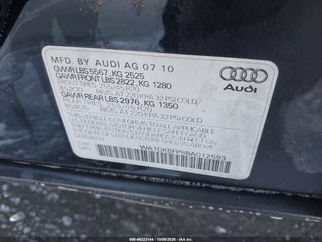 46323144 :رقم المزاد ، WA1DKBFP8BA012593 vin ، 2011 Audi Q5 3.2 Premium Plus مزاد بيع