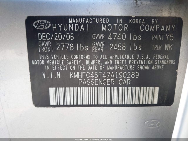 2007 Hyundai Azera Limited/se მანქანა იყიდება აუქციონზე, vin: KMHFC46F47A190289, აუქციონის ნომერი: 46323147