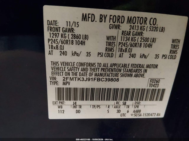 46323168 :رقم المزاد ، 2FMTK3J91FBC39808 vin ، 2015 Ford Edge Sel مزاد بيع