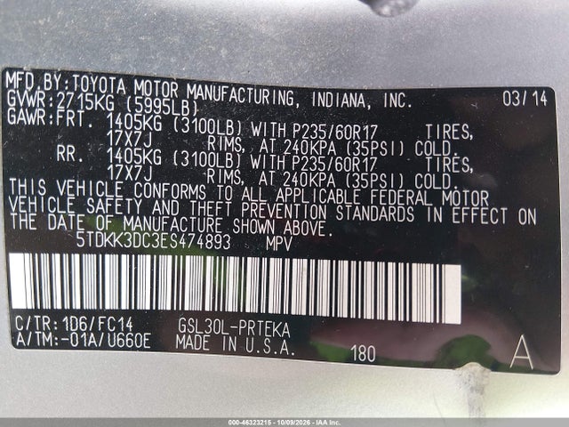 46323215 :رقم المزاد ، 5TDKK3DC3ES474893 vin ، 2014 Toyota Sienna Le V6 8 Passenger مزاد بيع
