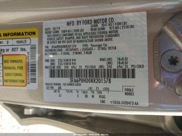 Aukcja sprzedaży 2019 Ford Fusion Se, vin: 3FA6P0HD0KR201578, numer aukcji: 46323262