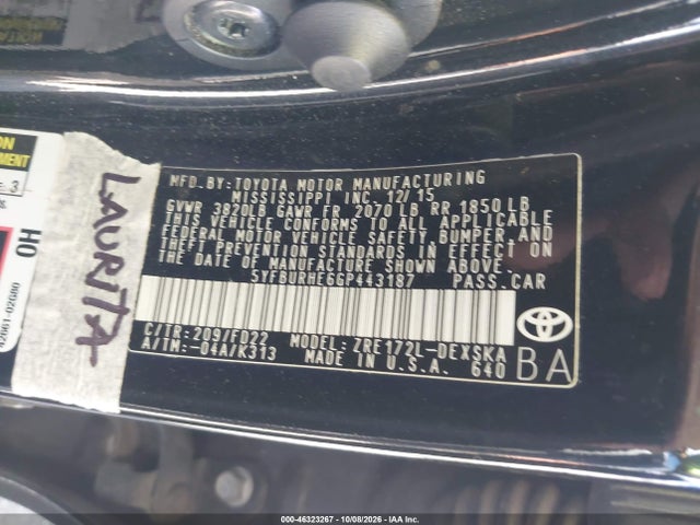 Aukcja sprzedaży 2016 Toyota Corolla S Plus, vin: 5YFBURHE6GP443187, numer aukcji: 46323267