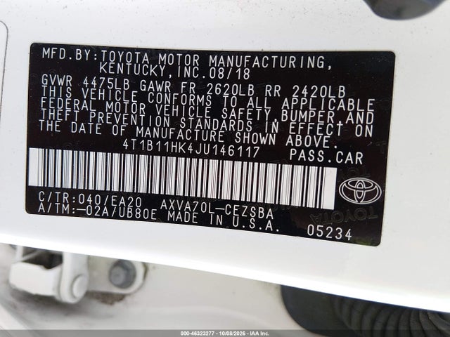 2018 Toyota Camry Se მანქანა იყიდება აუქციონზე, vin: 4T1B11HK4JU146117, აუქციონის ნომერი: 46323277