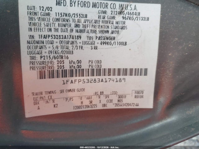 Aukcja sprzedaży 2003 Ford Taurus Se, vin: 1FAFP53283A174189, numer aukcji: 46323285