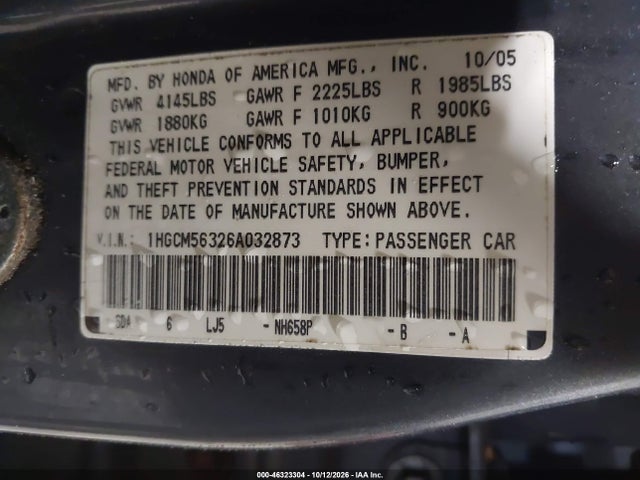 Продаж на аукціоні авто 2006 Honda Accord Se, vin: 1HGCM56326A032873, номер лоту: 46323304