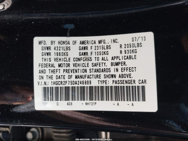 Продажа на аукционе авто 2013 Honda Accord Ex, vin: 1HGCR2F75DA246899, номер лота: 46323308