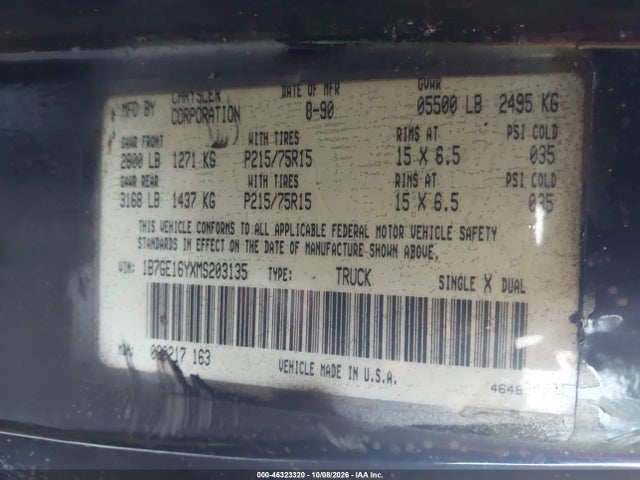 46323320 :رقم المزاد ، 1B7GE16YXMS203135 vin ، 1991 Dodge D-series D150 مزاد بيع