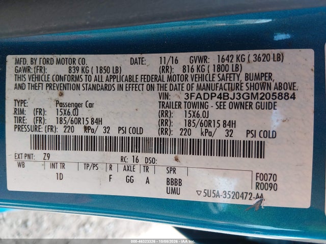 46323326 :رقم المزاد ، 3FADP4BJ3GM205884 vin ، 2016 Ford Fiesta Se مزاد بيع