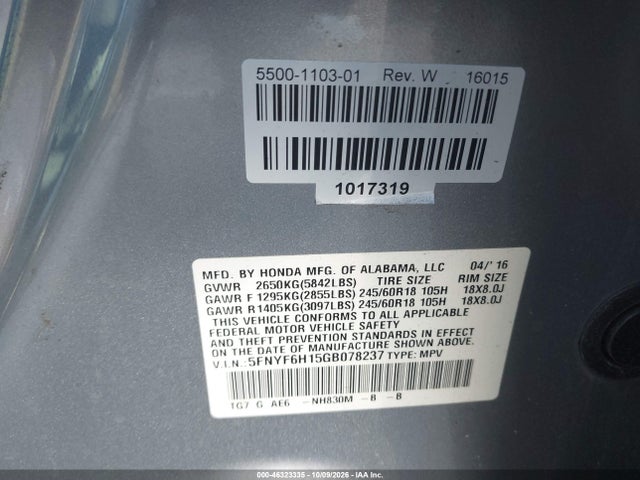 Aukcja sprzedaży 2016 Honda Pilot Lx, vin: 5FNYF6H15GB078237, numer aukcji: 46323335