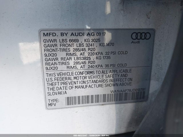 Продажа на аукционе авто 2018 Audi Q7 3.0t Premium, vin: WA1VAAF78JD013791, номер лота: 46323347