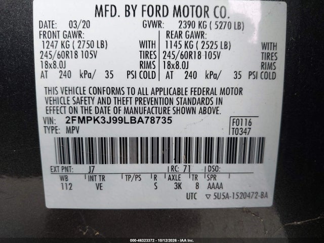 46323372 :رقم المزاد ، 2FMPK3J99LBA78735 vin ، 2020 Ford Edge Sel مزاد بيع