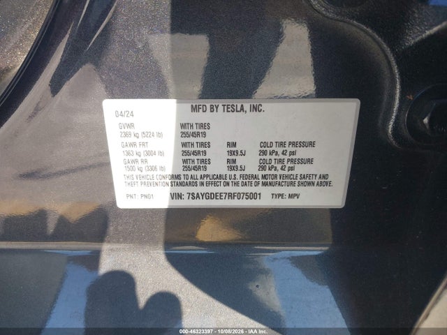Продаж на аукціоні авто 2024 Tesla Model Y Long Range Dual Motor All-wheel Drive, vin: 7SAYGDEE7RF075001, номер лоту: 46323397