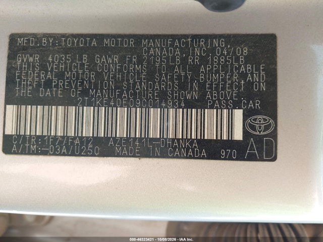 Aukcja sprzedaży 2009 Toyota Matrix S, vin: 2T1KE40E09C014934, numer aukcji: 46323421