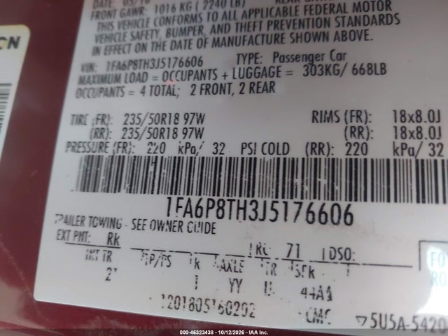 Aukcja sprzedaży 2018 Ford Mustang Ecoboost, vin: 1FA6P8TH3J5176606, numer aukcji: 46323438