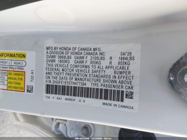 2026 Honda Civic Si Sedan მანქანა იყიდება აუქციონზე, vin: 2HGFE1E55TH477384, აუქციონის ნომერი: 46323449
