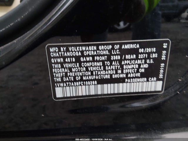 Продаж на аукціоні авто 2015 Volkswagen Passat 1.8t Limited Edition, vin: 1VWAT7A38FC109288, номер лоту: 46323455