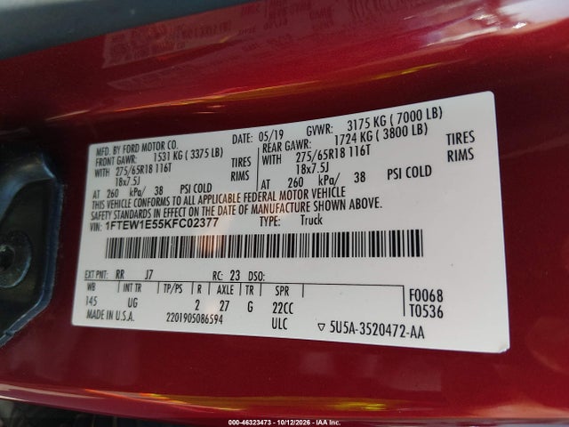 Продаж на аукціоні авто 2019 Ford F-150 Xlt, vin: 1FTEW1E55KFC02377, номер лоту: 46323473