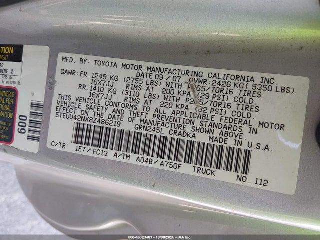 46323481 :رقم المزاد ، 5TEUU42NX8Z486219 vin ، 2008 Toyota Tacoma Base V6 مزاد بيع