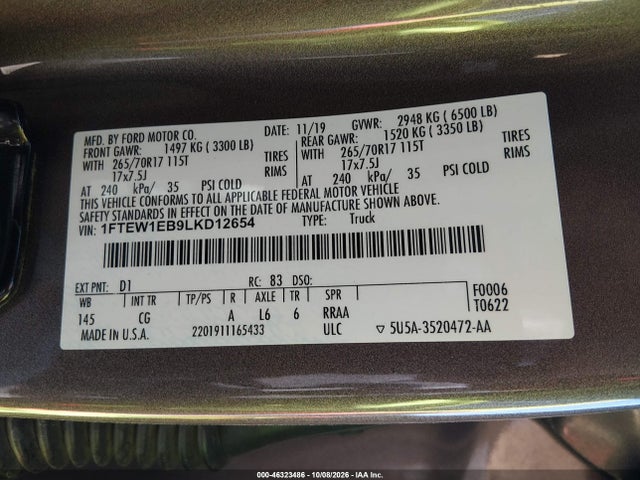2020 Ford F-150 Xl მანქანა იყიდება აუქციონზე, vin: 1FTEW1EB9LKD12654, აუქციონის ნომერი: 46323486