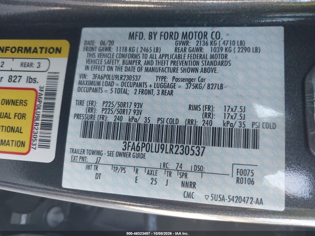 46323497 :رقم المزاد ، 3FA6P0LU9LR230537 vin ، 2020 Ford Fusion Hybrid Se مزاد بيع