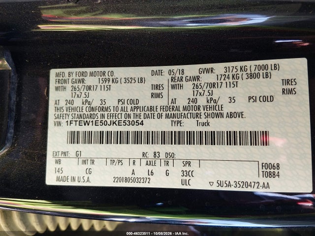 46323511 :رقم المزاد ، 1FTEW1E50JKE53054 vin ، 2018 Ford F-150 Xl مزاد بيع