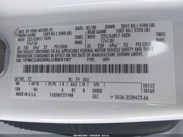 Aukcja sprzedaży 2020 Ford Escape Se, vin: 1FMCU9G69LUB85187, numer aukcji: 46323549