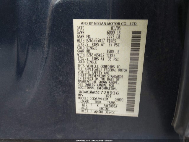 46323577 :رقم المزاد ، 5N1AR18WX5C728936 vin ، 2005 Nissan Pathfinder Le مزاد بيع