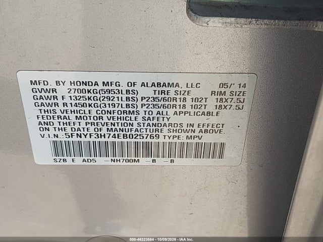 2014 Honda Pilot Ex-l მანქანა იყიდება აუქციონზე, vin: 5FNYF3H74EB025769, აუქციონის ნომერი: 46323584