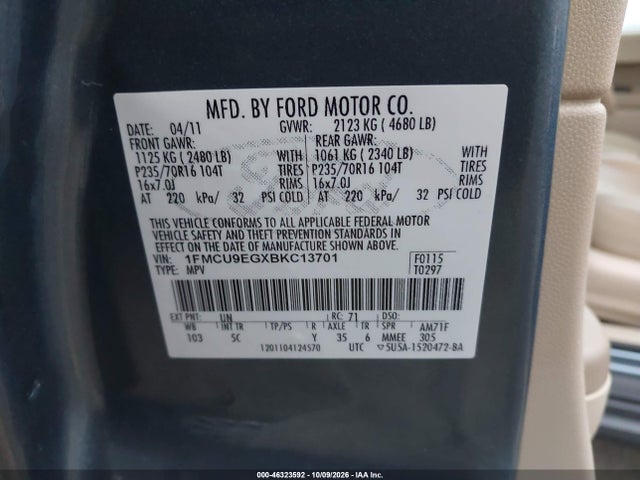 2011 Ford Escape Limited მანქანა იყიდება აუქციონზე, vin: 1FMCU9EGXBKC13701, აუქციონის ნომერი: 46323592