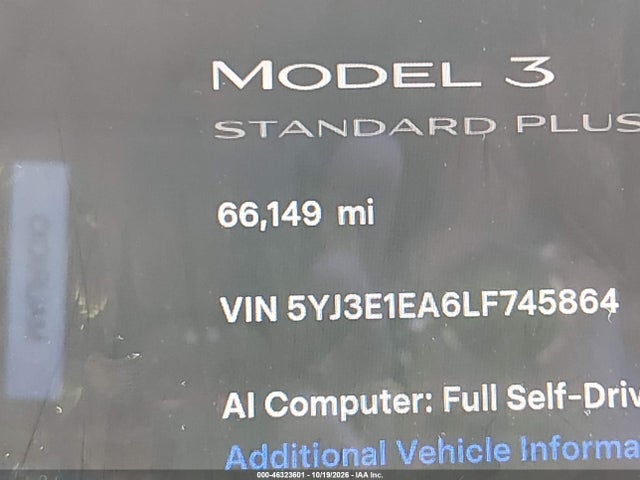 46323601 :رقم المزاد ، 5YJ3E1EA6LF745864 vin ، 2020 Tesla Model 3 Standard Range Plus Rear-wheel Drive/standard Range Rear-wheel Drive مزاد بيع