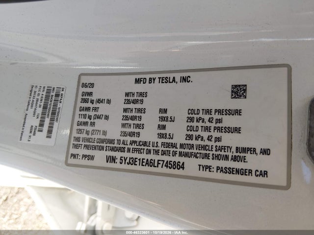 46323601 :رقم المزاد ، 5YJ3E1EA6LF745864 vin ، 2020 Tesla Model 3 Standard Range Plus Rear-wheel Drive/standard Range Rear-wheel Drive مزاد بيع