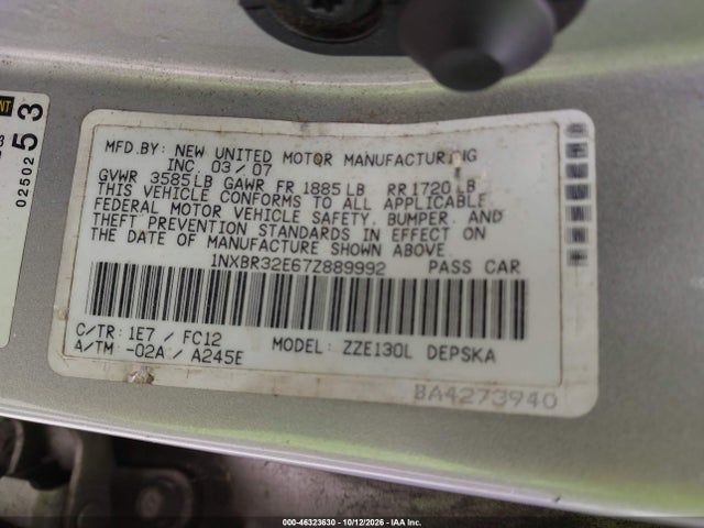 Auction sale of the 2007 Toyota Corolla S, vin: 1NXBR32E67Z889992, lot number: 46323630