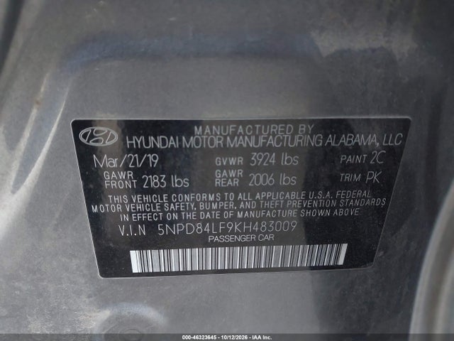 46323645 :رقم المزاد ، 5NPD84LF9KH483009 vin ، 2019 Hyundai Elantra Sel مزاد بيع