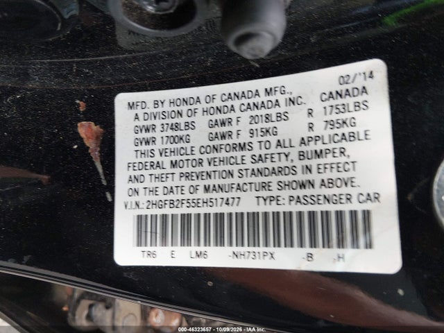 Продаж на аукціоні авто 2014 Honda Civic Lx, vin: 2HGFB2F55EH517477, номер лоту: 46323657