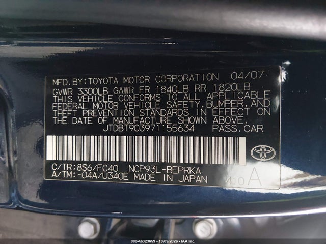 Aukcja sprzedaży 2007 Toyota Yaris, vin: JTDBT903971155634, numer aukcji: 46323659