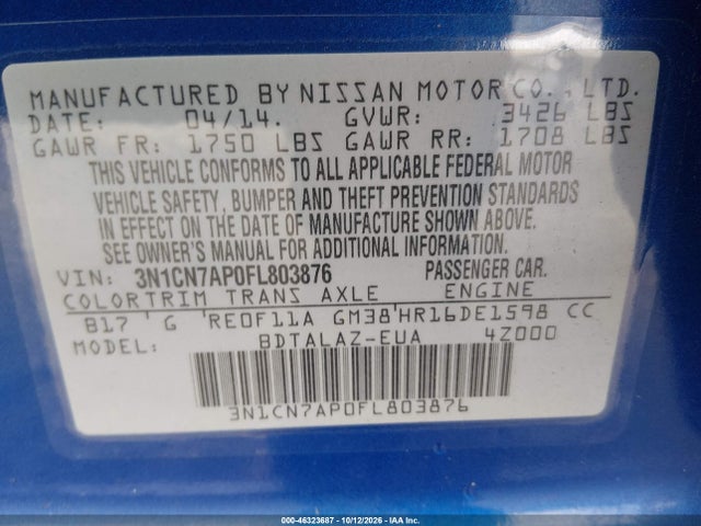 Продажа на аукционе авто 2015 Nissan Versa 1.6 S+, vin: 3N1CN7AP0FL803876, номер лота: 46323687