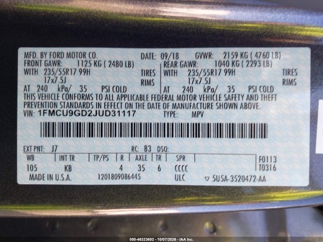 Продаж на аукціоні авто 2018 Ford Escape Se, vin: 1FMCU9GD2JUD31117, номер лоту: 46323692
