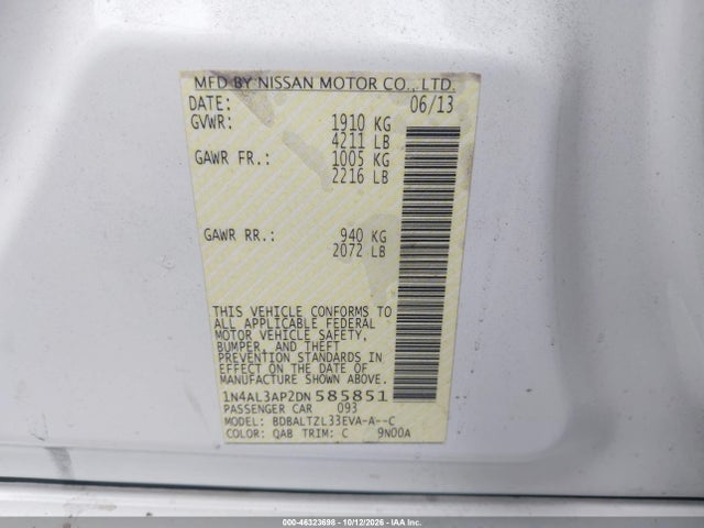 Продажа на аукционе авто 2013 Nissan Altima 2.5 Sv, vin: 1N4AL3AP2DN585851, номер лота: 46323698