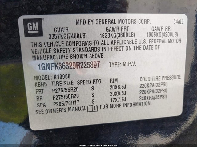 Продажа на аукционе авто 2009 Chevrolet Suburban 1500 Ltz, vin: 1GNFK36329R225897, номер лота: 46323705