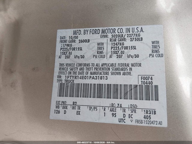 46323718 :رقم المزاد ، 1FTYR14E01PA31813 vin ، 2001 Ford Ranger Edge/xlt مزاد بيع