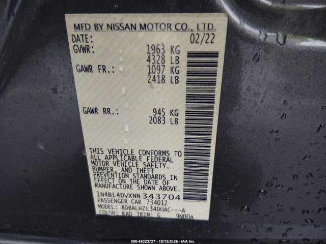 1N4BL4DVXNN343704 Nissan Altima Sv Fwd