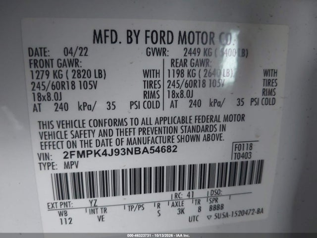 Продажа на аукционе авто 2022 Ford Edge Sel, vin: 2FMPK4J93NBA54682, номер лота: 46323731