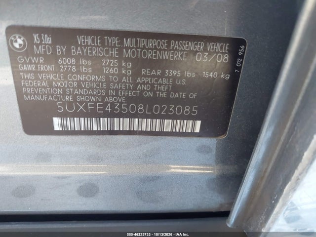 2008 Bmw X5 3.0si მანქანა იყიდება აუქციონზე, vin: 5UXFE43508L023085, აუქციონის ნომერი: 46323733