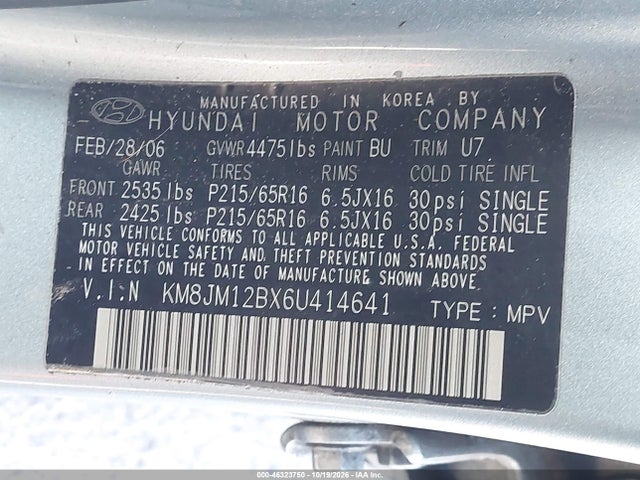 Продаж на аукціоні авто 2006 Hyundai Tucson Gl, vin: KM8JM12BX6U414641, номер лоту: 46323750