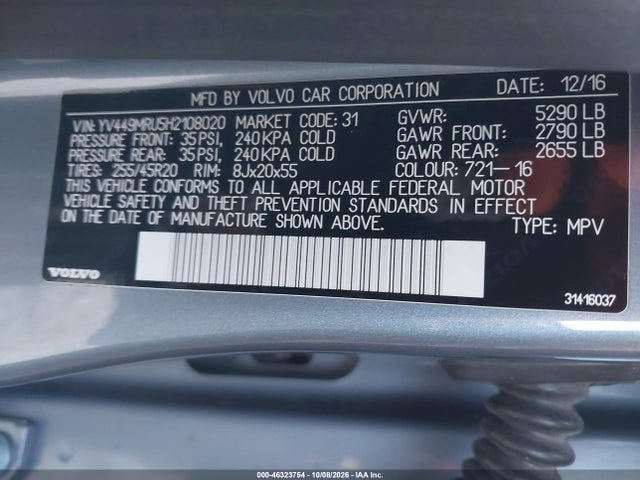 46323754 :رقم المزاد ، YV449MRU5H2108020 vin ، 2017 Volvo Xc60 T6 Inscription مزاد بيع