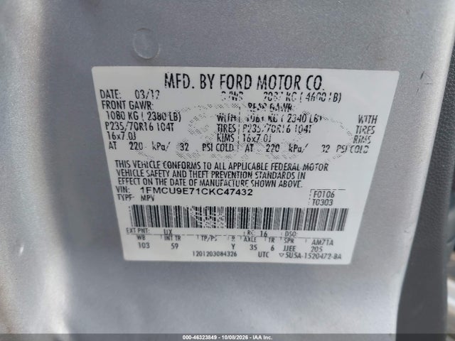 46323849 :رقم المزاد ، 1FMCU9E71CKC47432 vin ، 2012 Ford Escape Limited مزاد بيع